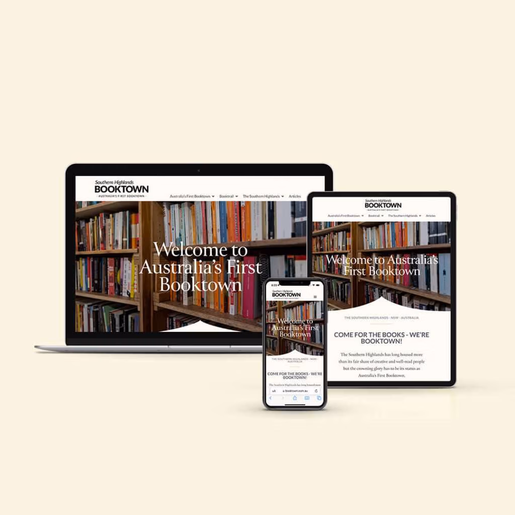 Laptop tablet phone homepage layouts from booktown, Southern Highlands website