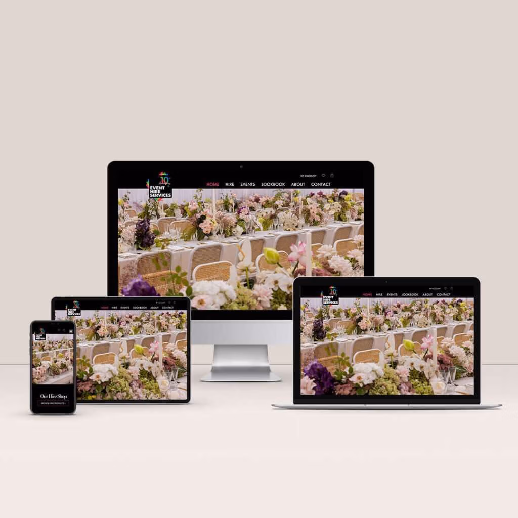 Desktop laptop tablet and phone, responsive, layouts for event hire, services, services website and white background