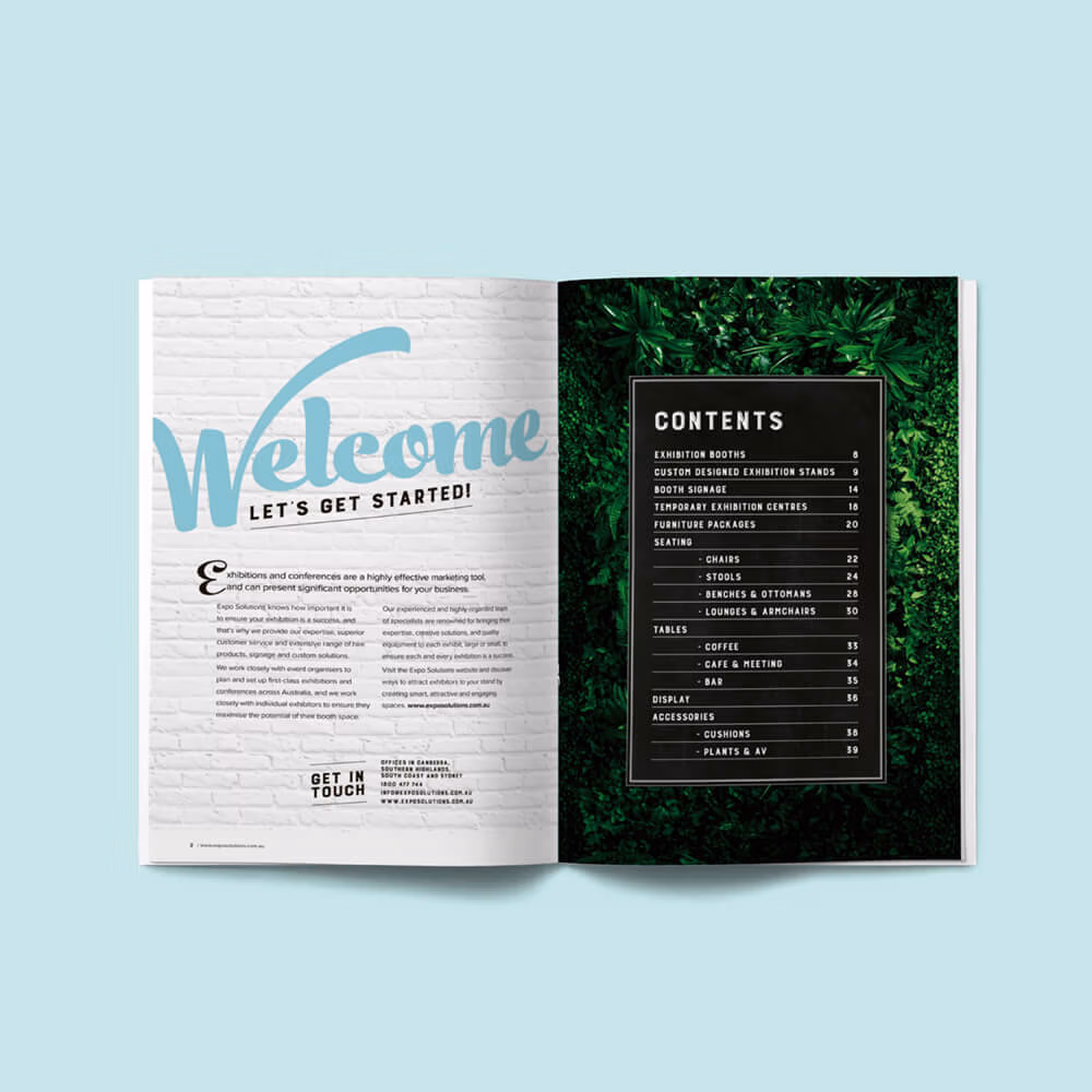 Expo solution, catalogue, contents page double page spread on teal background