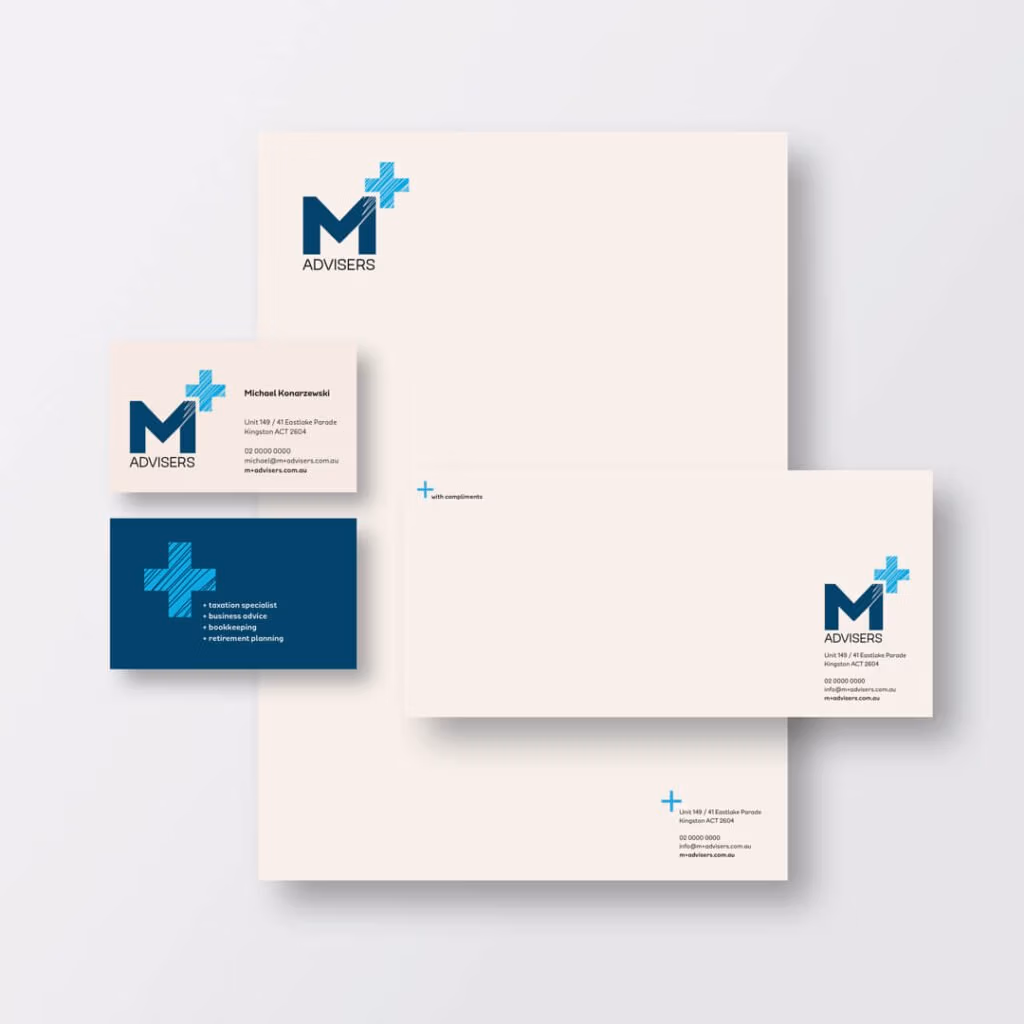 Business card letterhead with compliments slip for M plus advisors on white background