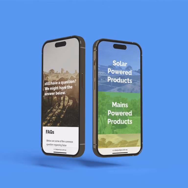 Two mobile phones showing responsive design of star pumps website and rural scenes