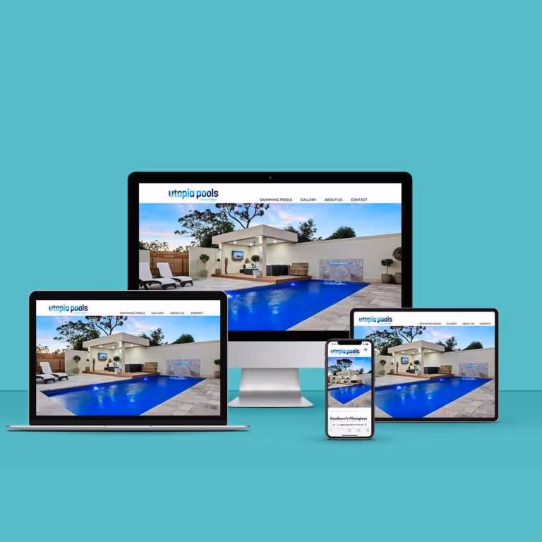 Laptop desktop tablet and mobile web design showing for utopia pools