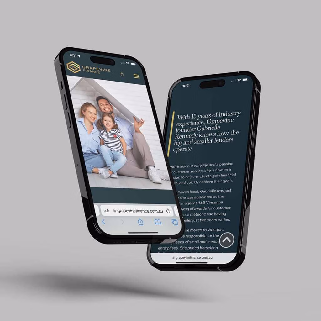Grapevine finance, website homepage and about showing on iPhones