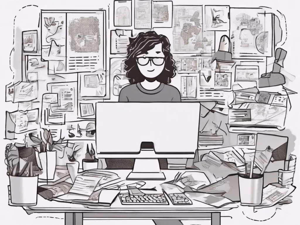 graphic designer at a desk surrounded by posters